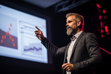 Expert Businessman Confidently Presenting Detailed Graphical Data Analysis on Projection Screen at Corporate Training Seminar