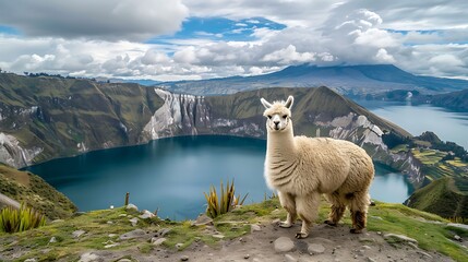 A fluffy white alpaca on the viewpoint of lake and volcano crater