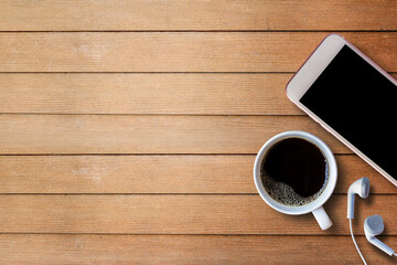 coffee cup on wooden table top view