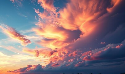 Sky at sunset, sky at sunrise, clouds, orange clouds cirrus clouds, cumulus clouds, sky gradient, sky background at dusk, twilight, nightfall, pink sky, pink clouds, sun, environment, Generative AI 