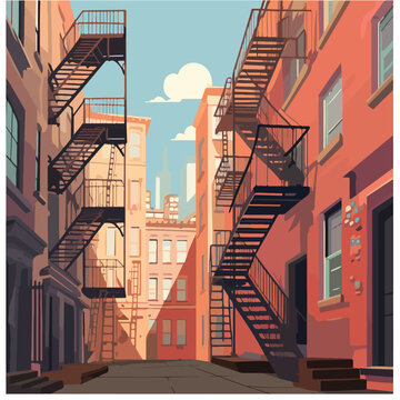 A quiet alleyway with a fire escape. flat vector 