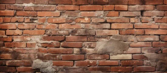 An upclose view of a weathered old brick wall showcasing the building material and brickwork, with...