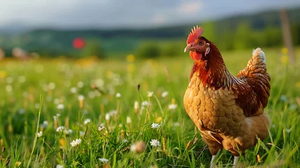 Fotobehang A healthy chicken in a grass meadow © Rosie