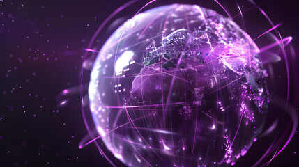 A partially transparent globe with animated water and energy cycles, with a tech grid overlay, against a deep purple background.
