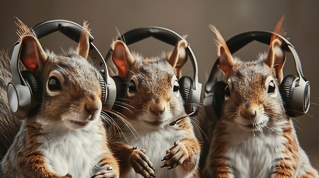 A Playful and Stylish Group of Squirrels Wearing Headphones