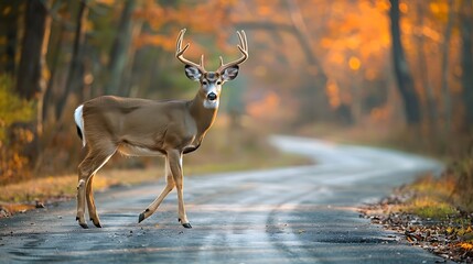 a White Tail Deer buck with full antlers crossing a country road