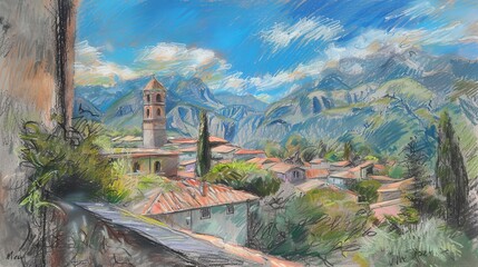 Pastel drawing of Roccafinadadamo, a municipality in the province of Pescara, Italy, featuring an arched structure.