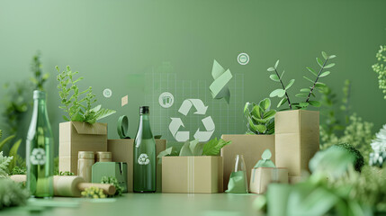 A partially transparent image of recycled paper products with animated eco - friendly icons, with a tech grid overlay, against a pastel green background.