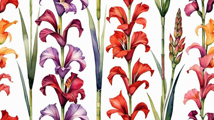 Expressive Watercolor Painting Gladiolus Flowers in Vibrant Vertical Arrangement
