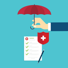 Medical healthcare insurance. Red shield on patient protection policy and pen. Medicine symbol. Vector illustration