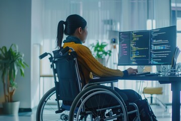 Woman in wheelchair sitting at desk in front of computer, working in office, Inclusivity