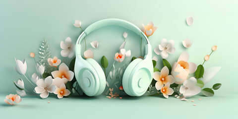 Music Banner headphones om wreath of flowers 3d render on light blue background - obrazy, fototapety, plakaty