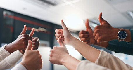 Business people, hands and thumbs up for success, agreement or deal achievement at office. Teamwork, yes sign and OK emoji for winning, synergy or group solidarity at startup with employee support - obrazy, fototapety, plakaty
