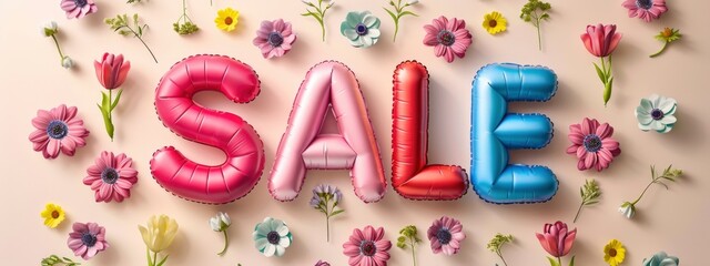 inflated, plump ,  three-dimensional text sale with flowers on beige background . Discount, shopping concept. - obrazy, fototapety, plakaty