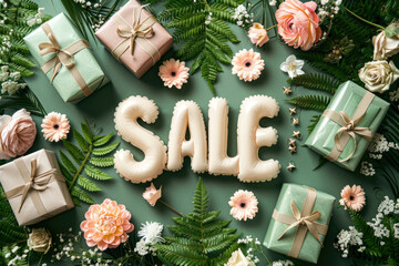 beige inflated, plump ,  three-dimensional text sale with flowers and gifts on green background . Discount, shopping concept. - obrazy, fototapety, plakaty
