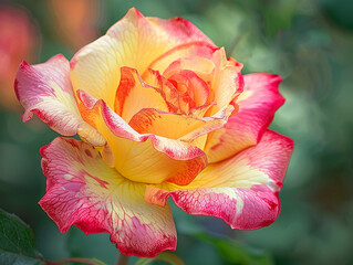 A stunning close-up image of a yellow and red rose with intricate petal details and a blurred background