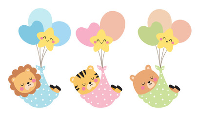 Cute sleeping baby lion, tiger, and bear with balloons. Baby shower, baby delivery, and nursery vector illustration art. Pastel colors.
