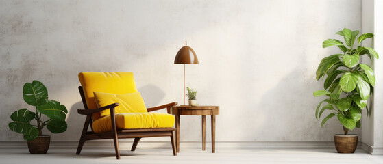 living room rustic modern minimalist with comfortable wooden lounge chairs, yellow pillows, potted monstera plants and stylish floor lamps with clean white walls