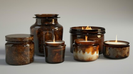 Row of brown jars with candles inside, some of which are lit