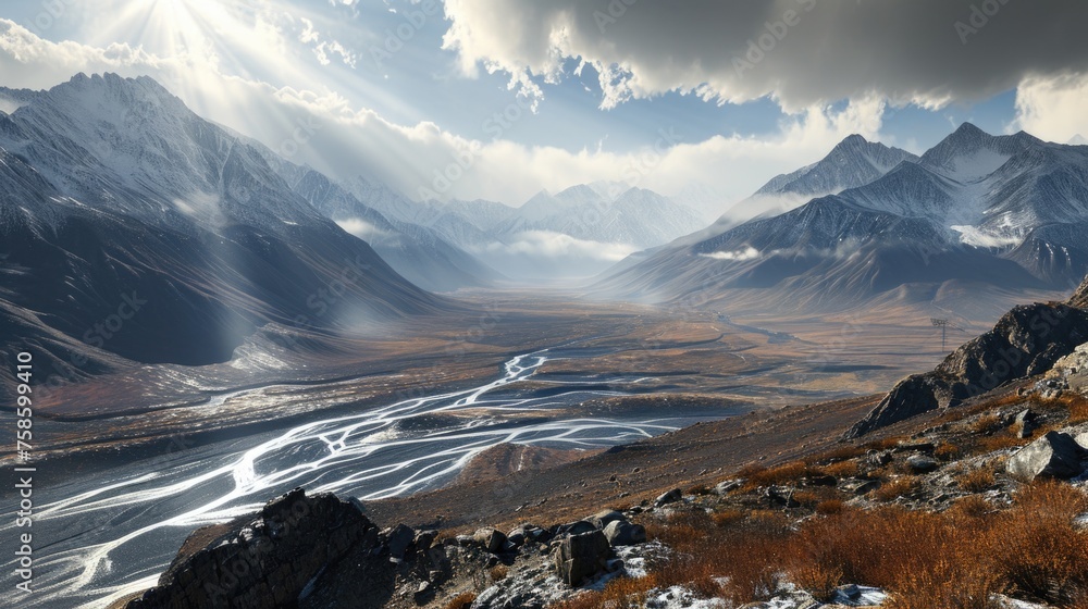 Poster mountain range with river running through it