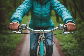 Obraz premium Woman is riding bicycle down path