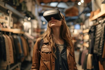 Fototapeta premium Woman wearing brown jacket and hat is looking at virtual reality display