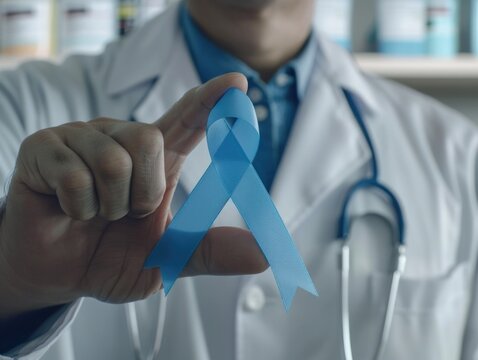 Doctor holding blue ribbon in his hand
