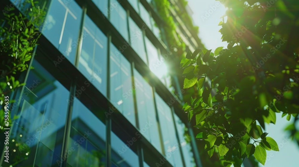 Poster building with lot of windows and tree growing out of it