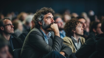 Man with beard is sitting in crowd of people - obrazy, fototapety, plakaty