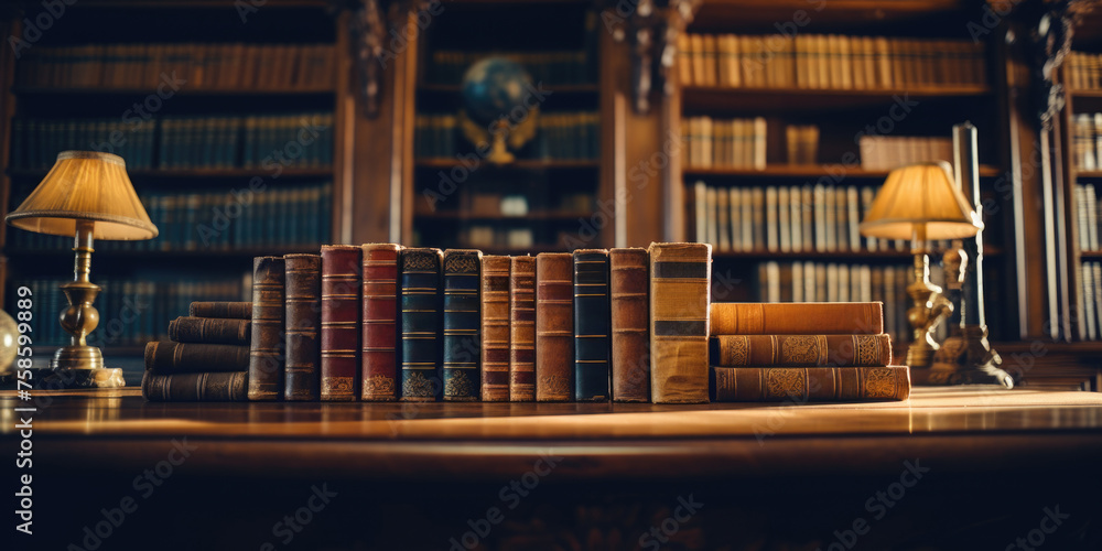 Poster row of books on table in library