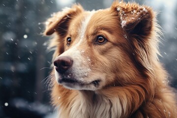 Dog with brown and white coat is standing in snow