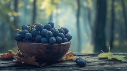 Bowl of blue grapes sits on wooden table