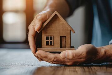 Person is holding small wooden house in their hands