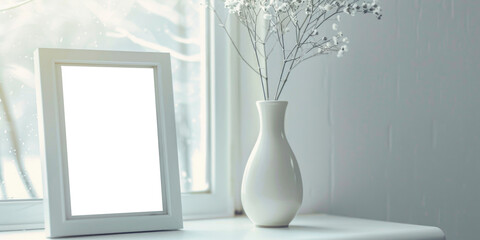 White vase with flowers sits on table next to white frame