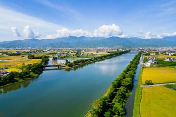 Aerial view of Dongshan township over dongshan River in Yilan, Taiwan - 758600085