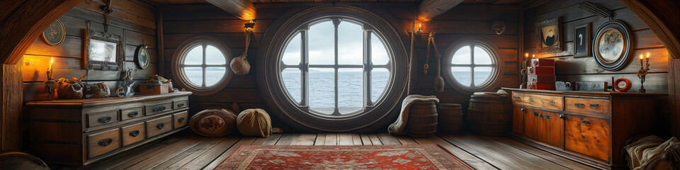 interior of captain cabin on a medieval pirate ship. Inside wooden ancient pirate sail boat