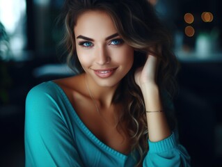 Fototapeta premium Woman with long hair and blue eyes is smiling for camera
