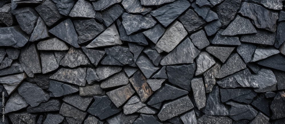 Poster a detailed view of a stone wall constructed with black bedrock in a rectangular pattern, resembling 