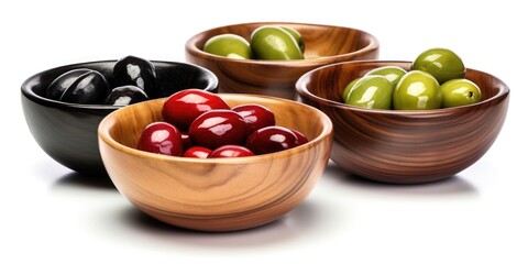 Four wooden bowls filled with different colored olives