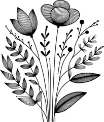 Black and white floral composition. Hand drawn vector illustration for your design