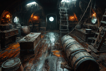interior of a wooden deck with barrels inside a medieval pirate ship. Old vintage historical pirate sailing boat - obrazy, fototapety, plakaty