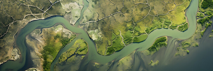 Aerial View of a Sprawling Delta River with its Branching Tributaries Meandering through a Lush Green Landscape