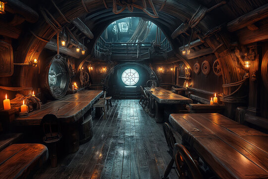 interior of a wooden dining room with tables inside medieval pirate ship. Old vintage historical sailing boat