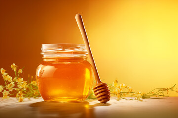 Photo of a jar of honey with a honey spoon, isolated on a yellow background