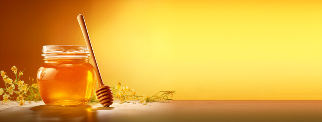 Photo of a jar of honey with a honey spoon, isolated on a yellow background
