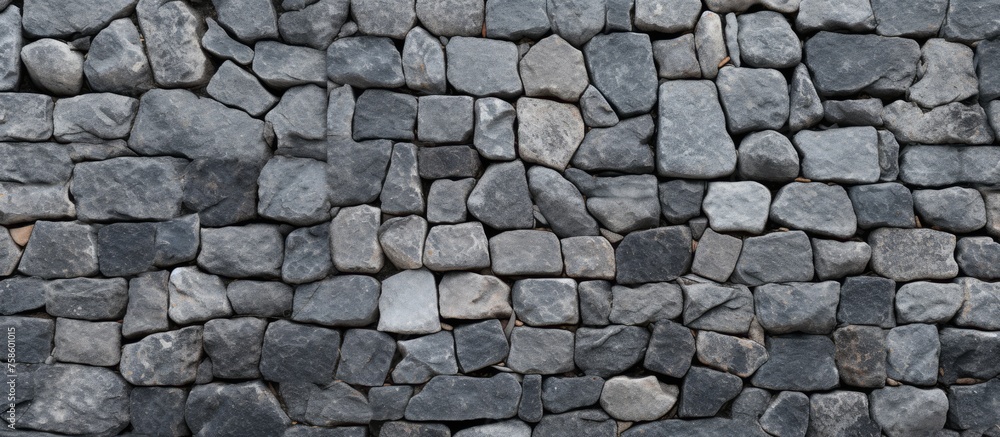 Poster a detailed view of a grey stone wall showcasing the intricate pattern of the brickwork. the natural 