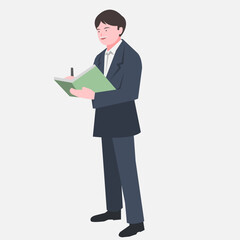Businessman is writing on a book while standing. Suitable for business themes. Work in an office, wear a suit, be successful, work hard. Flat vector illustration.