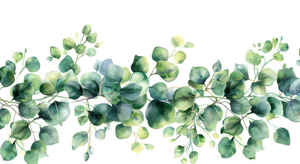 Watercolor green floral banner with eucalyptus leaves, perfect for wedding invitations and spring/summer decorations.