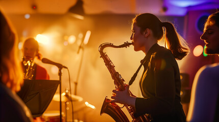 Woman  playing saxophone on stage
