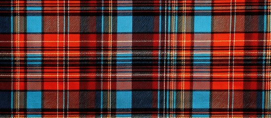 A close up of a brown tartan pattern with light blue, grey, and red tints and shades, showcasing the intricate textile plaid design